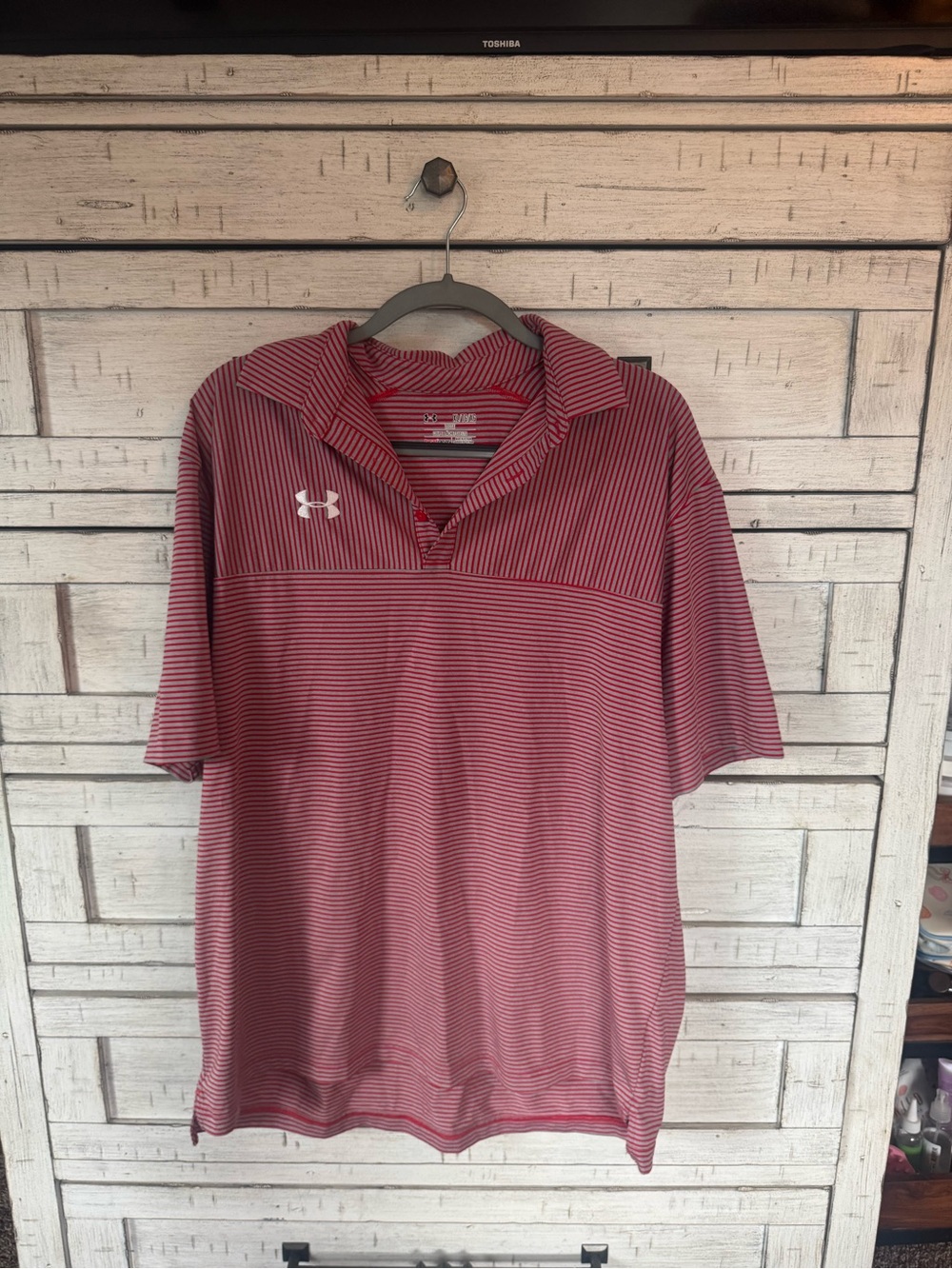 Under Armour Men's Red and White Striped Polo